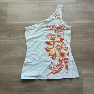 Women’s One-Shoulder Floral Tank Top - White with Orange & Yellow